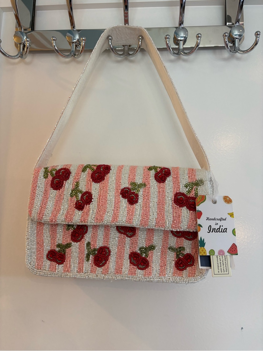 NWT Viral Beaded Cherry Bag Pink White Stripe Shoulder Purse - Picture 2 of 10